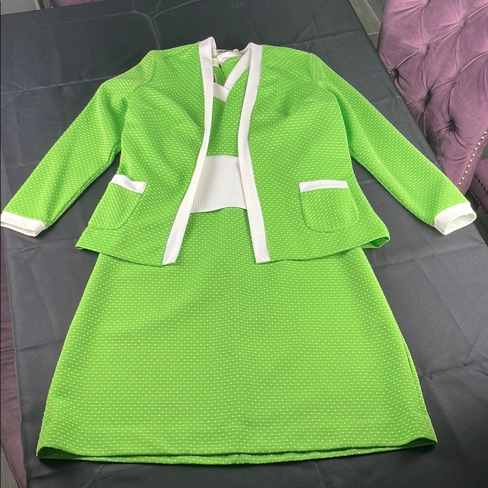 Vintage Green and White Swiss dots Two-Piece Skirt Suit ladies size 14 RN30145